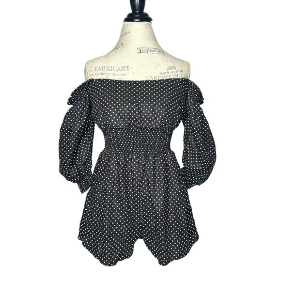WeWoreWhat | Women | 100% Linen Black Polka Dot Smocked Short Romper | Large - Picture 5 of 16